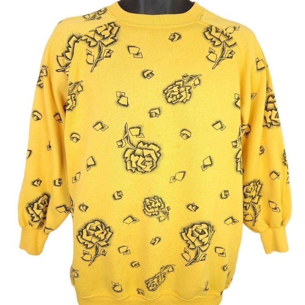 Womens Rose Sweatshirt Vintage 80s All Over Print Geometric Size Large